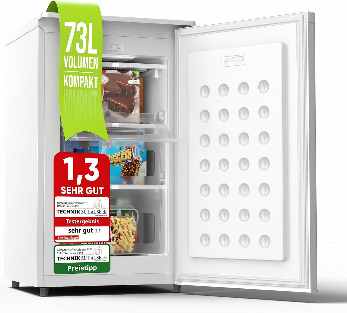 Stillstern Vriezer Klein (73L) 4-sterren vriesvak -18 ° C. Energiever., Mini Freezer met 3 vakken, traploos regelmatig, temp., kleine diepvriezer, deuraanslag r./l. diepvriezer wit