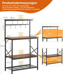 COMHOMA Plank, keukenrek, staand rek, magnetronrek voor keuken, kruidenrek, boekenkast met anti-kantelbescherming, rek met 4 planken, 8 S-haken, metalen frame, stalen frame, 80 x 40 x 126 cm, vintage