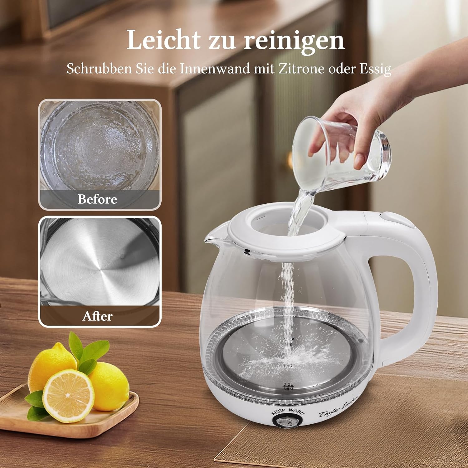 Waterkoker glas - met LED - 1L - 2200W - Wit - Taylor Swoden