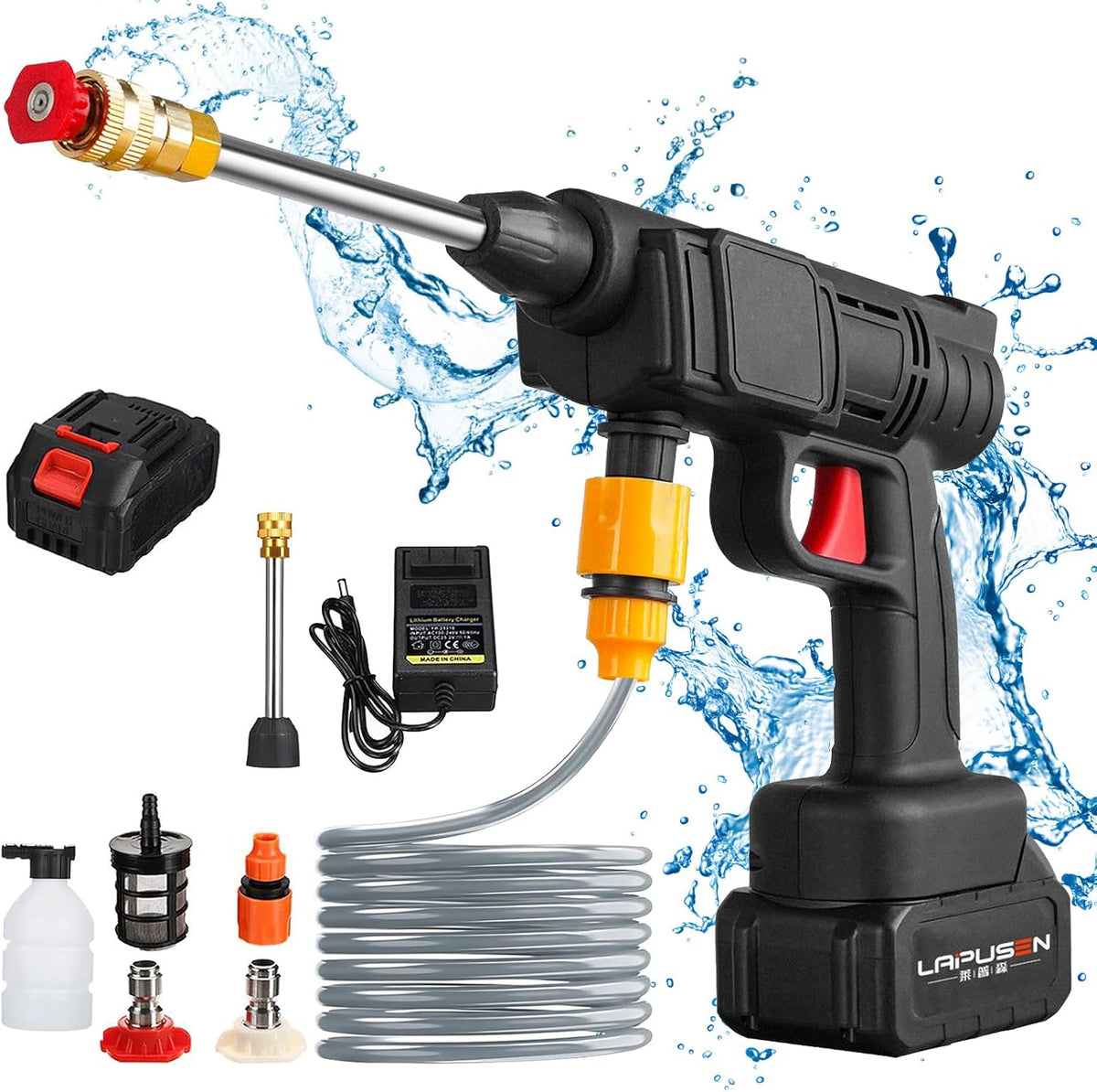 Draadloze hogedrukreiniger, 30 bar, draagbare hogedrukreiniger met accu, 6000 mAh, met oplader en slang van 5 m, 435 psi draadloos hogedruksproeipistool voor tuin en auto