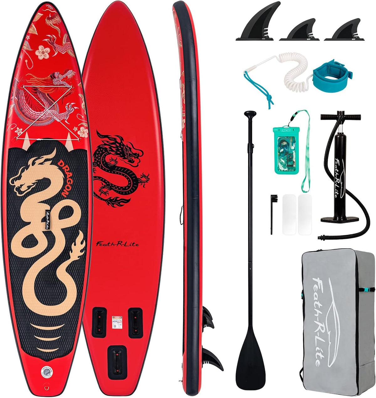 FEATH-R-LITE Opblaasbaar Stand-Up Paddleboard (SUP) met accessoires, multifunctioneel paddleboard met antislip dek voor volwassenen en tieners, rood