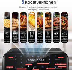 Dual Zone heteluchtfriteuse met kijkvenster, 9 l XL capaciteit, dubbele airfryer, 2 laden, 8-in-1 kookspecificaties, touchscreen, smart en timerfunctie, gezonde friteuse zonder olie en vetarm koken.