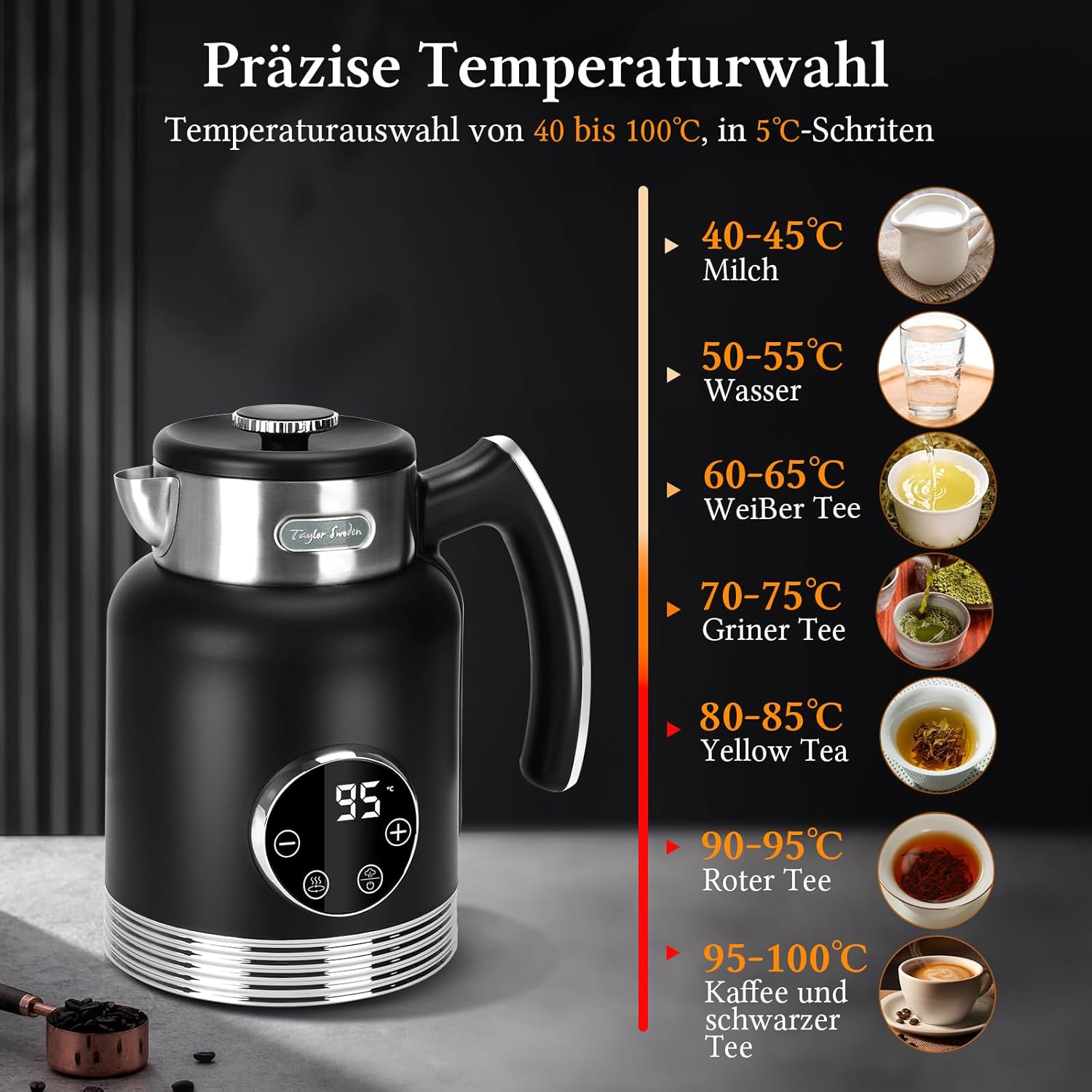Taylor Swoden 2200 W waterkoker, snelopwarmer, met temperatuurinstelling, 40-100 graden, elektrische waterkoker, 2 l, dubbelwandig roestvrij staal, digitale warmhoudfunctie, zwart