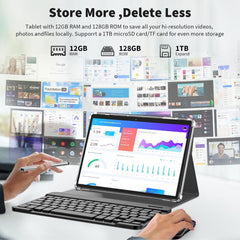 Android-tablet met toetsenbord, Android 14-tablet, 12 (6+6) GB + 256GB, 1 TB uitbreiding, 2-in-1, muis, stylus, 8000 mAh-batterij, 2,4G/5G wifi, GPS, gecertificeerd, zwarte behuizing