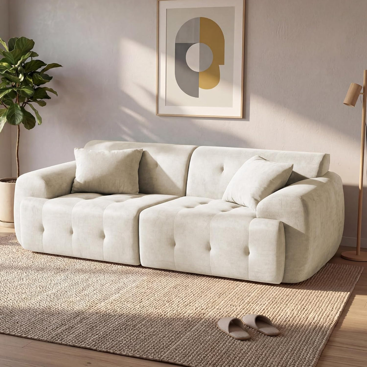 COMHOMA Bank 2-zits, 180 x 86 x 40 cm, vloerbank, bank met rugleuning, kussen en armleuning, moderne stoffen bank voor woonkamer, woning, kantoor, geen montage, beige