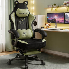 GTPLAYER Leuke gamingstoel met fluwelen stof, ergonomische bureaustoel, gamingstoel met kattenoren, traagschuim en voetensteun, 150 kg, groen •