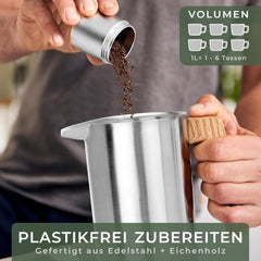 WALDWERK French Press (1 liter), koffiemaker van dubbelwandig roestvrij staal met houten handvat van eikenhout, plasticvrije koffiemaker •