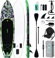 FunWater SUP-board, opblaasbaar stand-up paddleboard voor alle vaardigheidsniveaus, ideaal voor beginners en gezinnen, met antislip EVA-dek, peddel, pomp en complete accessoires, groen/zwart