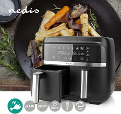 Nedis - Heteluchtfriteuse - Twee aparte manden - High-speed circulatietechnologie - 40-200°C - Timer voor 1-60 minuten - Oververhittingsbeveiliging - 2x3.8 L - SYNC functie - Zwart •