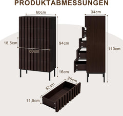UEV Commode met 5 laden, 60 cm, smalle commode met grote opbergruimte, kast met ruim plafond voor woonkamer, slaapkamer, metalen poten, lijnmotief, 60 x 34 x 110 cm, bruin