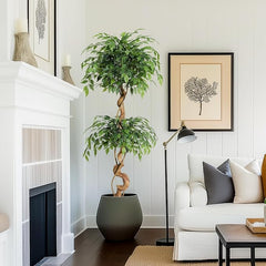 Kunstmatige ficus met gebogen stammen, 150 cm, realistische ficus met verstelbare takken en bladeren, kunstboom voor thuis, kantoor of woonkamer, inclusief witte pot