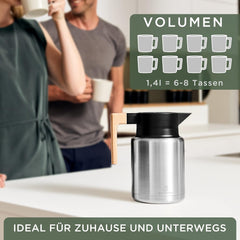 WALDWERK Thermoskan (1,4 L) - koffiepot van dubbelwandig 304 roestvrij staal met elegant houten handvat - isoleerkan met druppelvrije schenktuit - thermoskan •