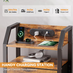 HLDIRECT Nachtkastje met oplaadstation, set van 2, LED-nachtkastje met stoffen lade en opbergplanken, nachtkastje met USB-poorten en stopcontacten voor de slaapkamer, bijzettafel voor de woonkamer (rustiek)