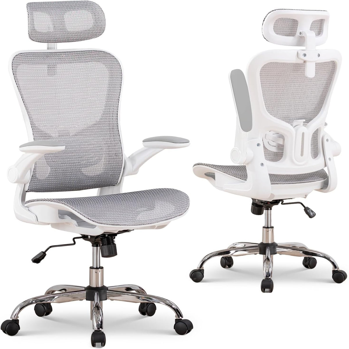 COMHOMA Bureaustoel, ergonomisch, bureaustoel met verstelbare hoofdsteun, armleuningen, lendensteun, bureaustoel & gamingstoel, kantelfunctie, managersstoel van mesh, 150 kg (wit)