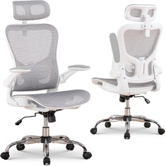 COMHOMA Bureaustoel, ergonomisch, bureaustoel met verstelbare hoofdsteun, armleuningen, lendensteun, bureaustoel & gamingstoel, kantelfunctie, managersstoel van mesh, 150 kg (wit)