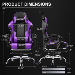 GTPLAYER Bureaustoel, gamingstoel, ergonomische gamerstoel met voetensteun, gevoerde gamingstoel, draaistoel, 150 kg, lila - GT800A