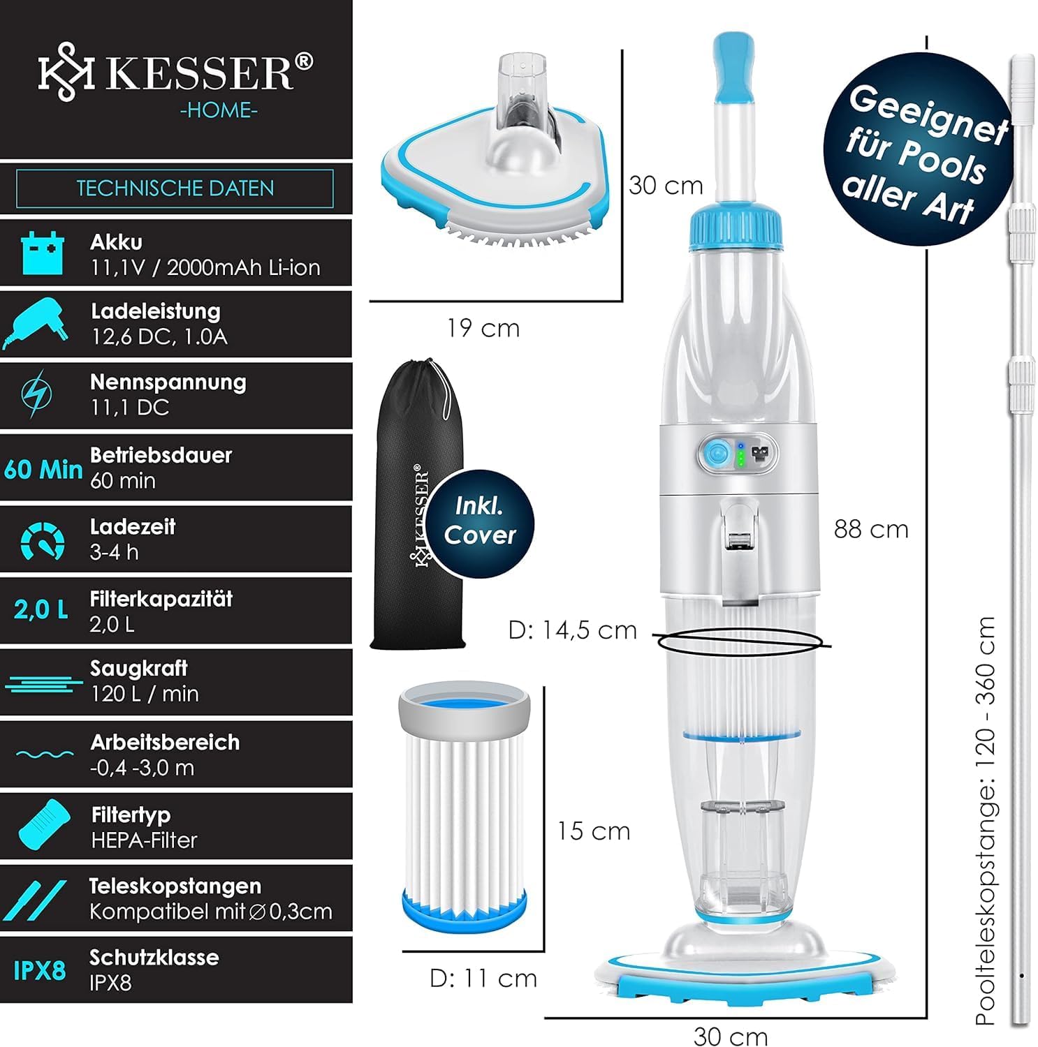 Zwembad stofzuiger - Zwembadstofzuiger - Zwembadreiniger - Blauw - KESSER®