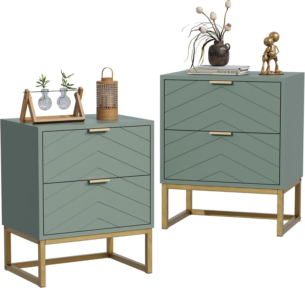 Nachtkastje set van 2 - Bijzettafel - Opbergkastje - 56,5x56x33x5 cm - Groen - UEV