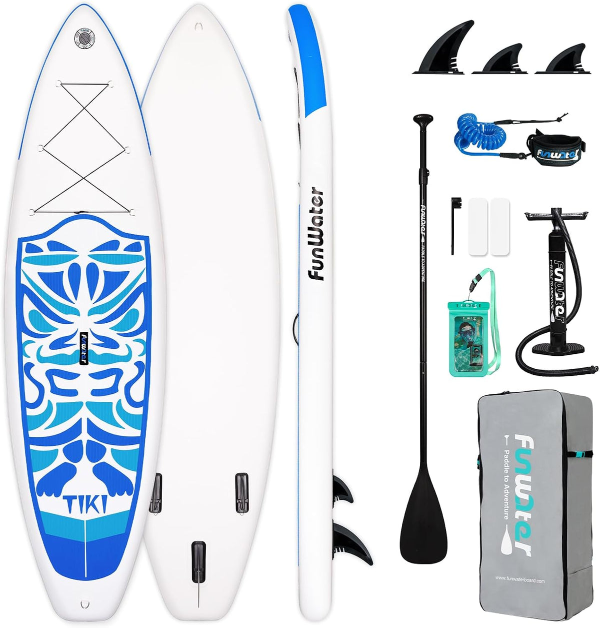 FunWater SUP-board, opblaasbaar stand-up paddleboard voor alle vaardigheidsniveaus, 320cm, ideaal voor beginners en gezinnen, met antislip EVA-dek, peddel, pomp en complete accessoires