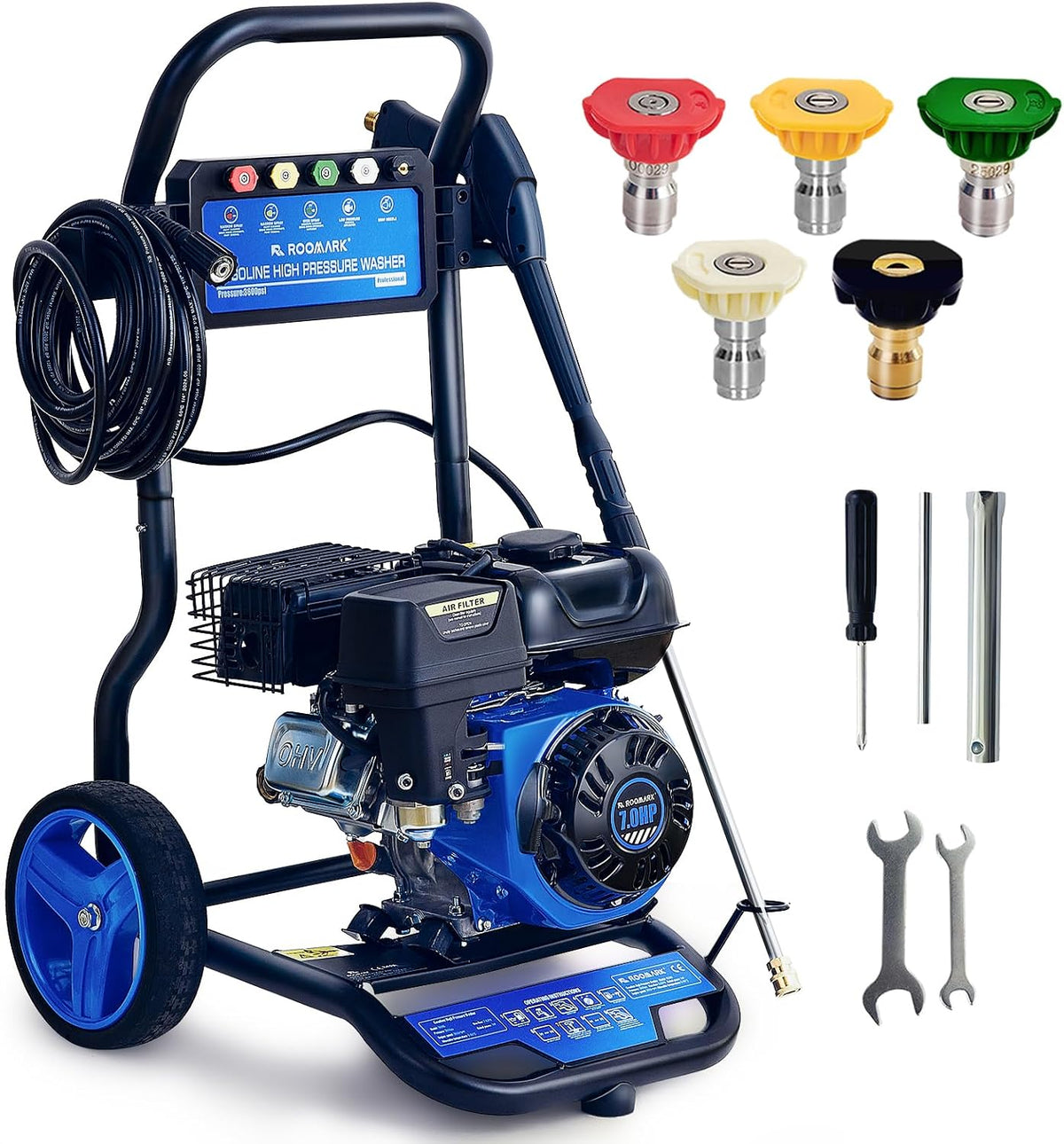 BOVONO 7 pk benzine hogedrukreiniger 3600 psi benzine hogedrukreiniger 170f 210cc 4-takt benzine hogedrukreiniger met 8 meter slang en 5 sproeiers voor het reinigen van auto's, huizen, opritten en terrassen, blauw