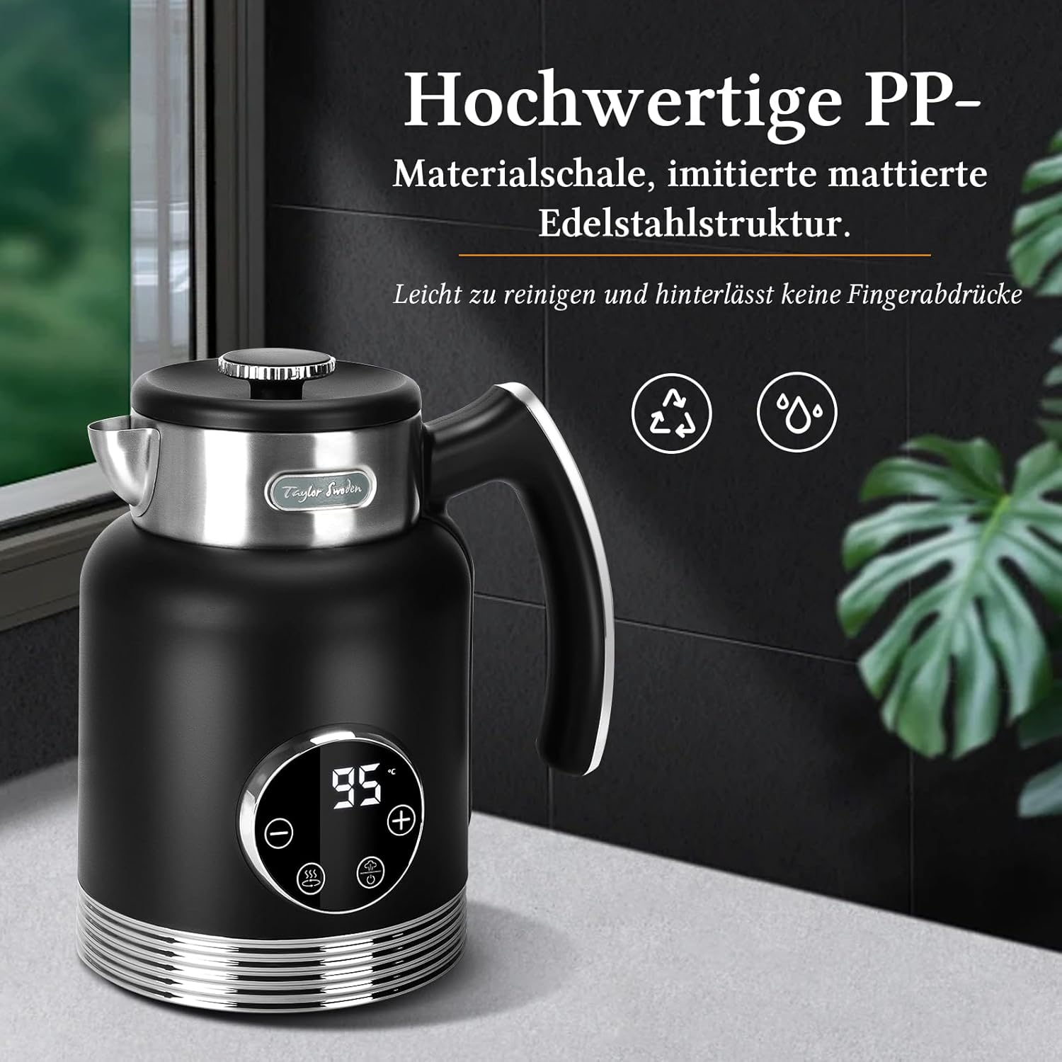 Taylor Swoden 2200 W waterkoker, snelopwarmer, met temperatuurinstelling, 40-100 graden, elektrische waterkoker, 2 l, dubbelwandig roestvrij staal, digitale warmhoudfunctie, zwart