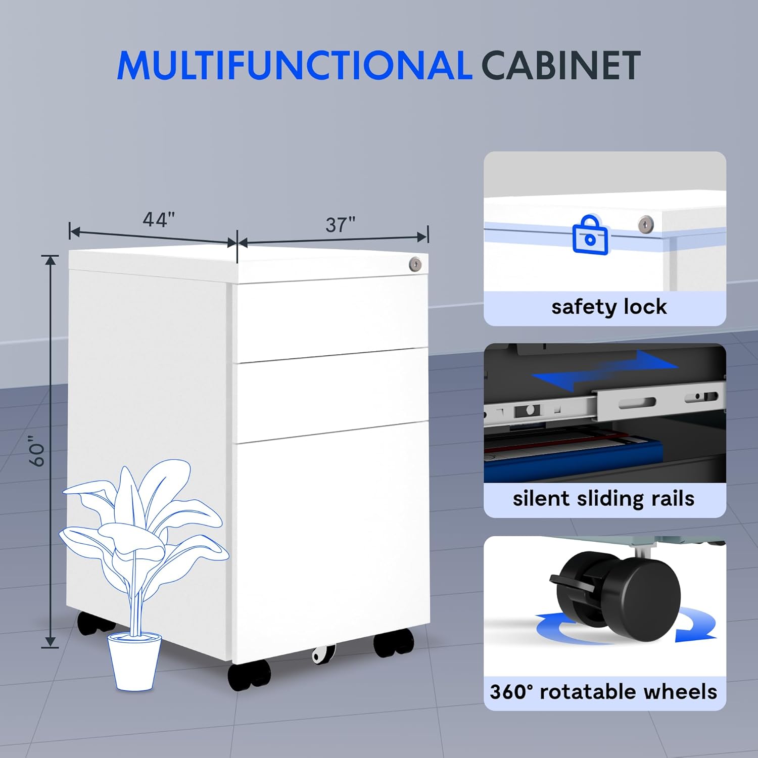 FLEXISPOT Rolcontainer, kleine kast met 3 laden, mobiele archiefkast met wielen, afsluitbare bureaukast voor kantoor en thuiskantoor, anti-kantel, 44 x 37 x 60 cm, wit