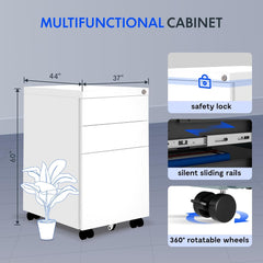 FLEXISPOT Rolcontainer, kleine kast met 3 laden, mobiele archiefkast met wielen, afsluitbare bureaukast voor kantoor en thuiskantoor, anti-kantel, 44 x 37 x 60 cm, wit