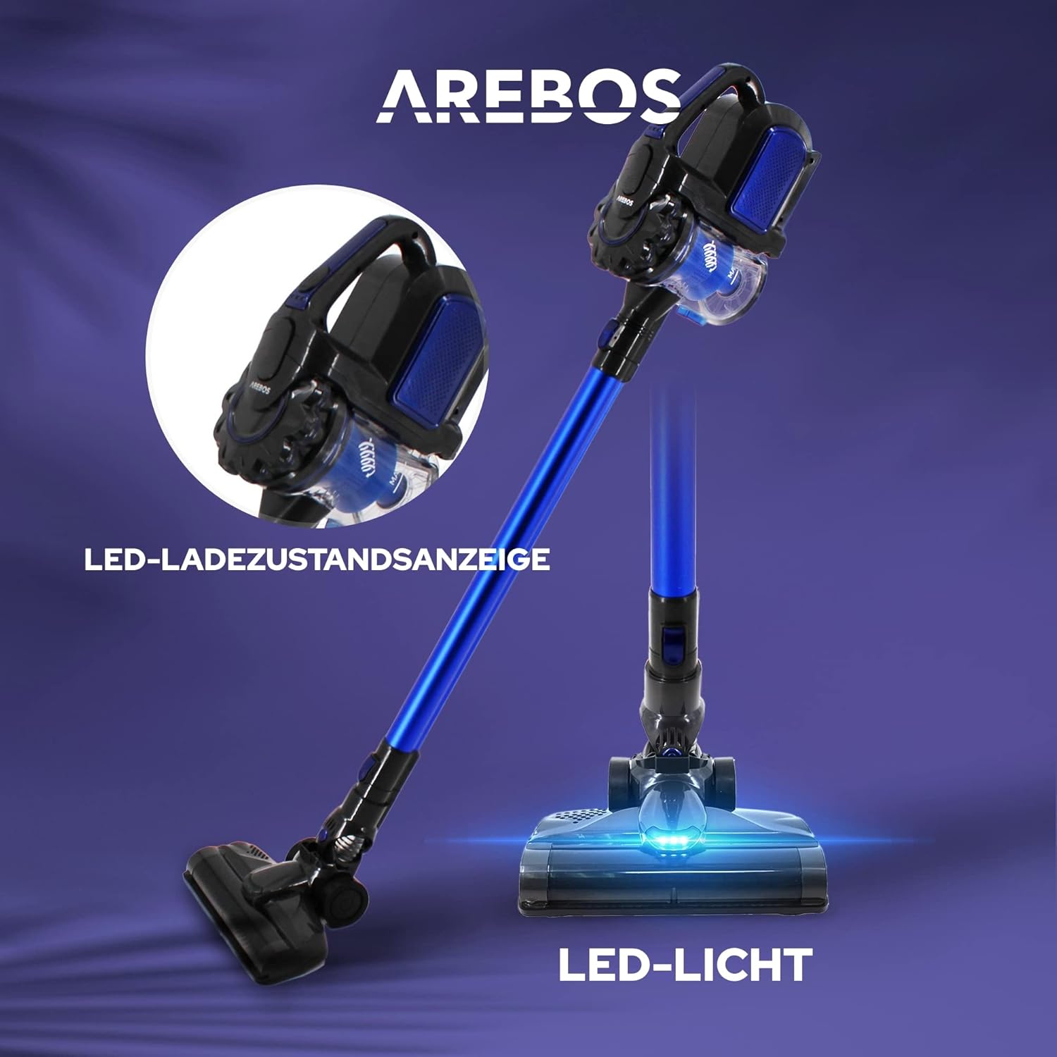 Arebos Accu-handstofzuiger, 2-in-1 hand- en vloerstofzuiger, 2 krachtige zuigmodi, zonder zak, draadloos tot 55 minuten, met wandlaadstation, blauw •