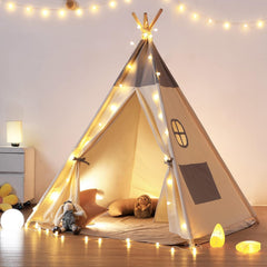 besrey Tipi-tent voor kinderen, tippi-kindertent, kindertent voor binnen en buiten | Speeltent van katoen + lichten + grijze mat