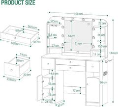 Hzuaneri Make-uptafel met ledverlichting, met stekker en föhnhouder, groot tafelblad 108 cm, make-uptafel met 2 grote laden met sieradenplank, 2 kasten, 40 x 108 x 144 cm, wit DT41503XEU