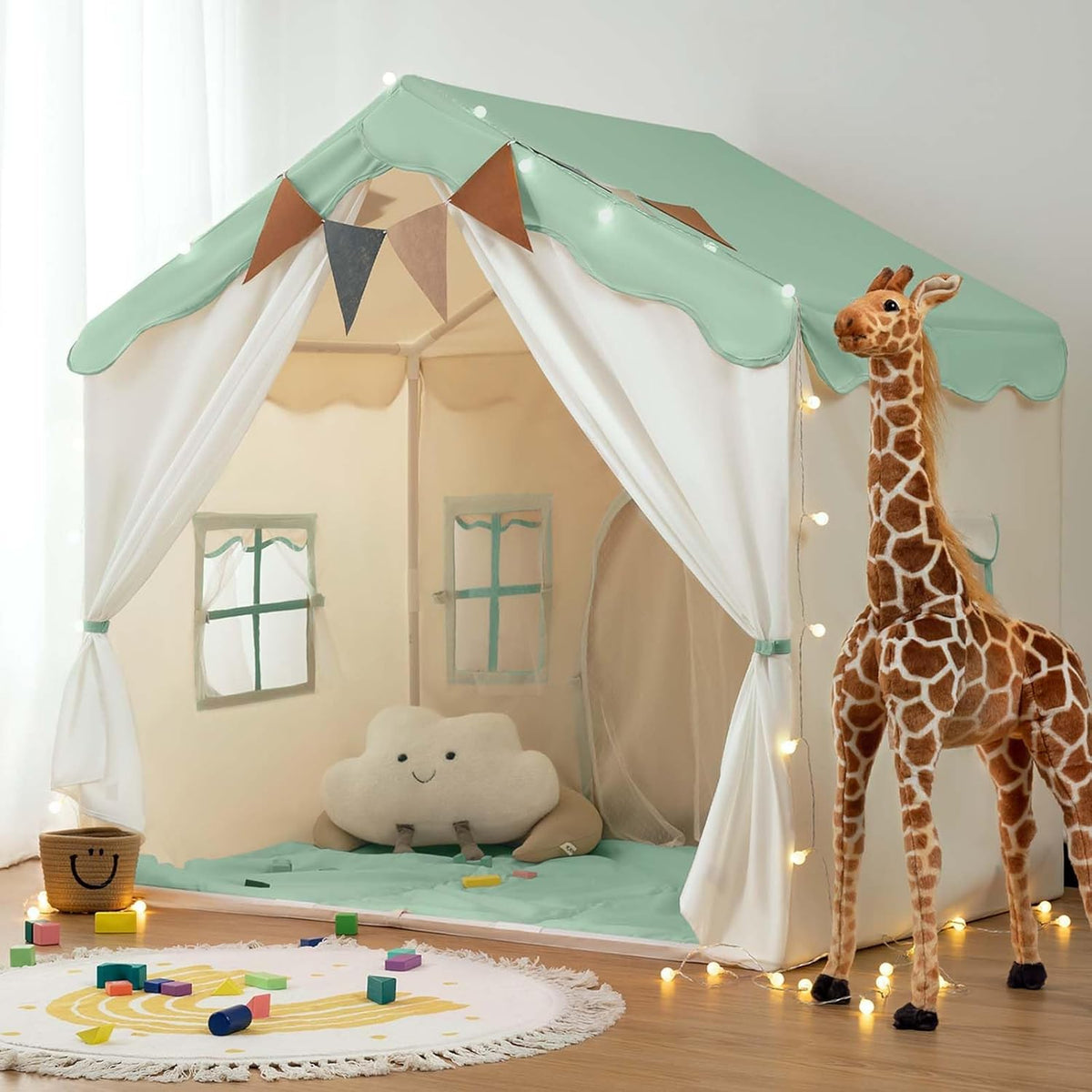 besrey 2-in-1 kindertent voor binnen, speelhuis voor kinderen, groen | Grote speeltent, 130 x 90 x 130 cm, gezellige plek om zich terug te trekken, kinderbedtent, kinderkamercadeau