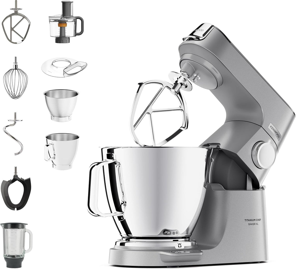Kenwood Titanium Chef Baker XL - keukenmachine 1200W 7L+5L, geïntegreerde weegschaal, LightLift-roerarm, zilver •