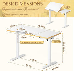 FLEXISPOT Kinderbureau in hoogte verstelbaar elektrisch 110 × 52 cm, wit, met led-hoogteweergave, 3 geheugenplaatsen, kantelbaar tafelblad en haken