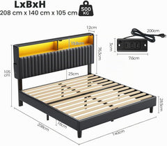 Rolanstar Bed met led, 140 x 200 cm, bedframe met laadstation (2 USB & 1 Type-C), gestoffeerde kop met rek met twee verdiepingen en 2 zijvakken, metalen bed voor slaapkamer, logeerkamer (zwart)