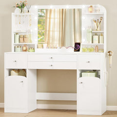 Hzuaneri Make-uptafel met ledverlichting, met stekker en föhnhouder, groot tafelblad 108 cm, make-uptafel met 2 grote laden met sieradenplank, 2 kasten, 40 x 108 x 144 cm, wit DT41503XEU
