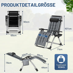 ST Zonnebed, inklapbaar, tuinligstoel, weerbestendig, met ergonomisch kussen, ligstoel voor in de tuin met nekkussen, bekerhouder, zijzak, strandstoel, verstelbare rugleuning, grijs