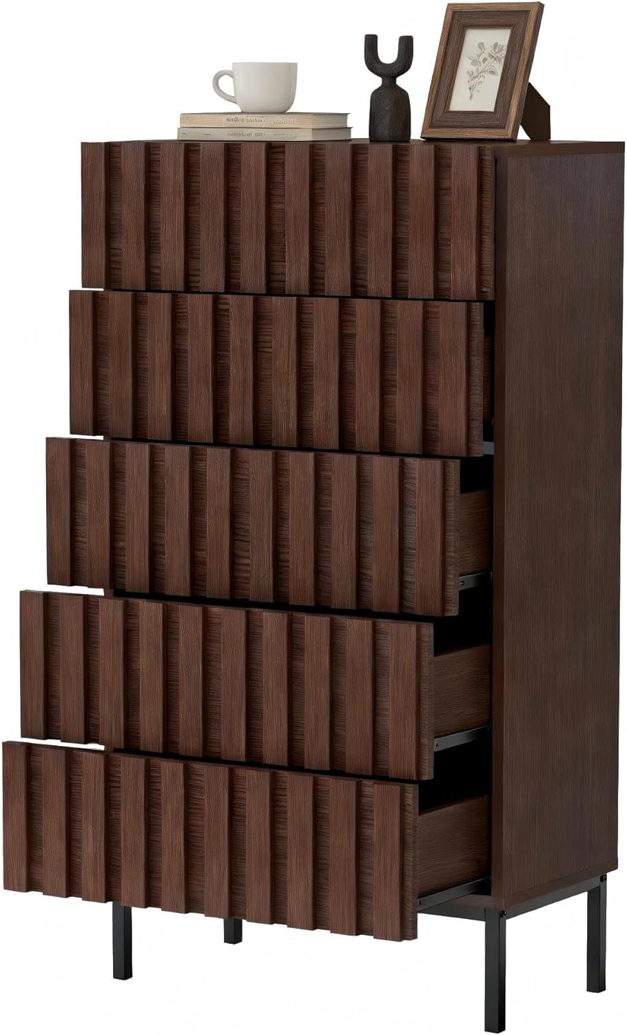 UEV Commode met 5 laden, 60 cm, smalle commode met grote opbergruimte, kast met ruim plafond voor woonkamer, slaapkamer, metalen poten, lijnmotief, 60 x 34 x 110 cm, bruin