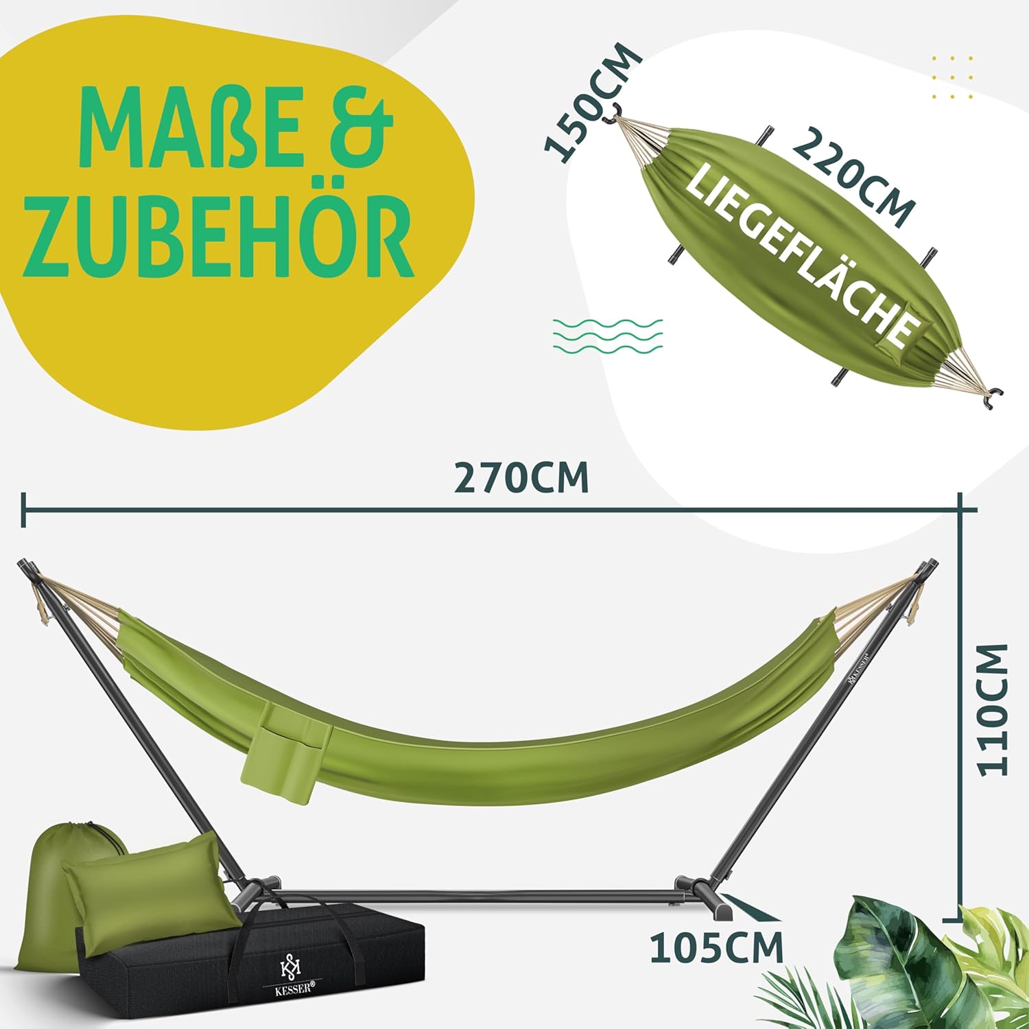 KESSER® XXL Hangmat 2 personen - Tot 200kg - Metalen Frame - Khaki