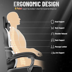 Ferghana Gaming stoel, ergonomisch, bureaustoel van stof, pvc-leer, gamerstoel met verstelbare hoofdsteun, lendenkussen, armleuningen, voetsteun, pc-stoel voor kantoor gaming (zwart/wit, pvc-leer)