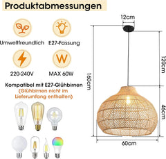 Parrot Uncle Grote rotan hanglamp, natuurlijke rotankap, ijzeren frame, in hoogte verstelbaar, E27-fitting, 60 cm, voor woonkamer eetkamer (zonder lamp) [energieklasse A]