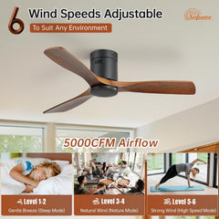 Sofucor Plafondventilator met afstandsbediening, plafondventilator van massief hout met 3 houten ventilatorbladen, 132 cm, stil, 6 snelheden, timer, DC-motor, zomer-wintermodus voor slaapkamer