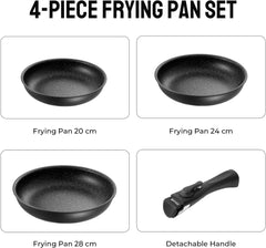 Fadware Pannenset, 4-delig, 20 + 24 + 28 cm, braadpannenset met afneembare handgreep, voor alle warmtebronnen, ook inductie, anti-aanbaklaag, ovenvast, eenvoudige reiniging, zwart