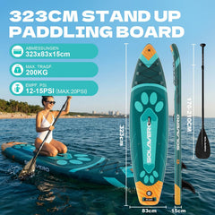 SOLAVERO Stand Up Paddleboard met alle accessoires, opblaasbaar paddleboard voor beginners en gezinnen, 323 x 83 x 15 cm, stabiel SUP-board, belastbaar tot 200 kg, met anti-slip EVA-dek voor