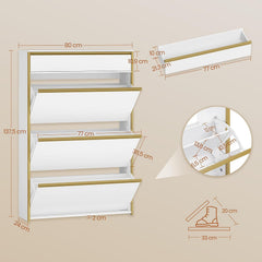 HEXCELEN Schoenenkast met 3 klapdeuren, 80 x 24 x 137,5 cm, wit-goud, met lade, 6 planken, verstelbaar, voor hal, entree, garderobe