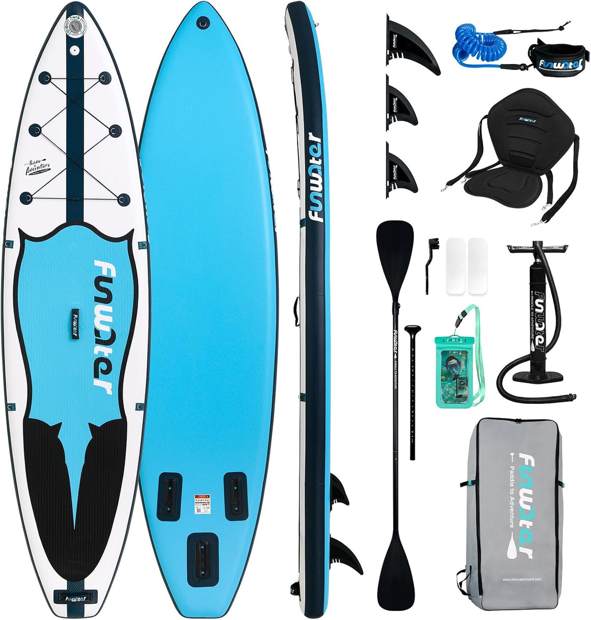 FunWater Stand Up Paddle Board Opblaasbaar Surfboard SUP Complete Paddleboard Accessoires Verstelbaar Paddleboard, Pomp, Reisrugzak, Draagriem, Waterdichte Tas, Paddleboard voor Volwassenen