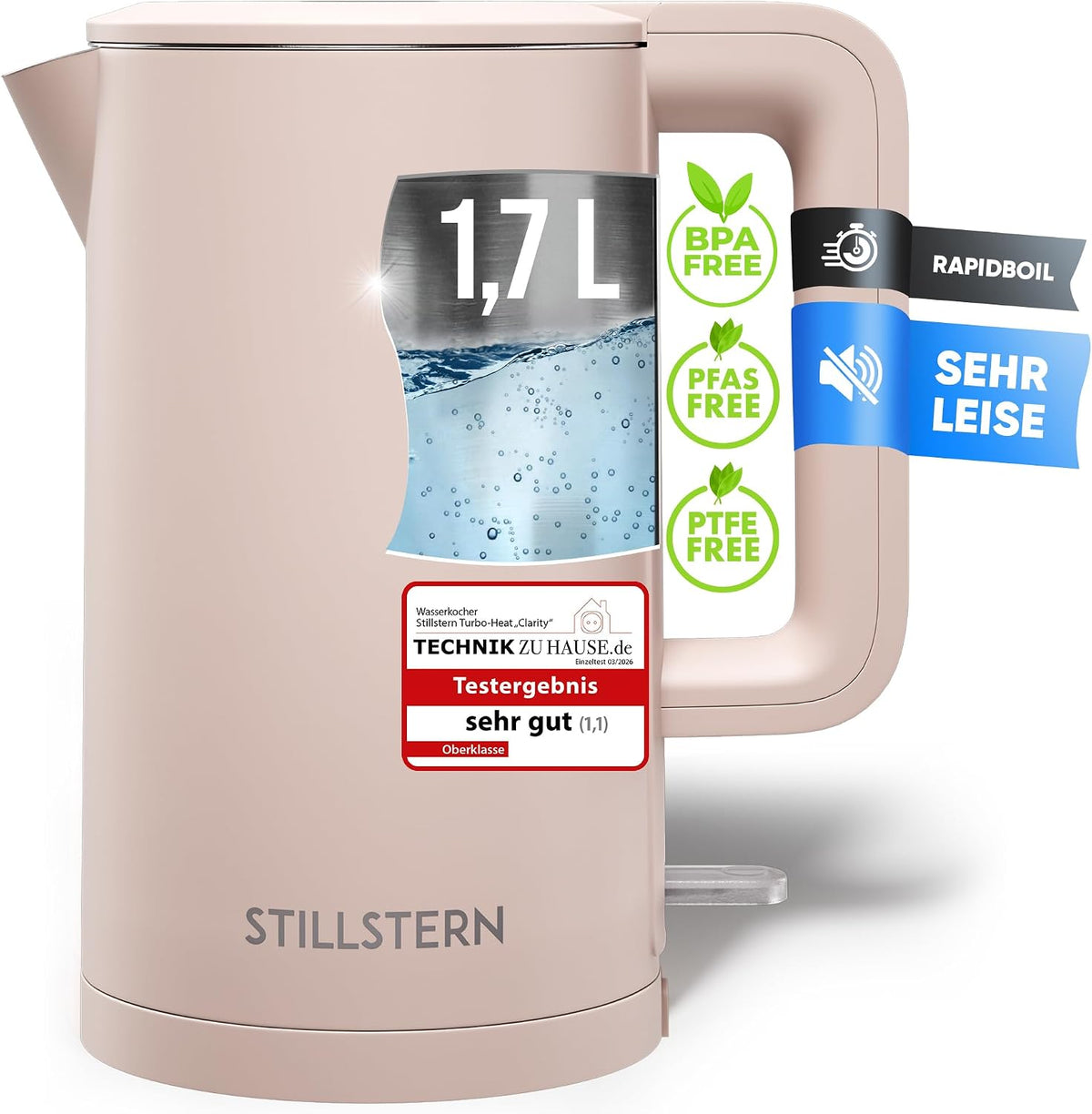 Stillstern Waterkoker met roestvrijstalen filter, PFAS- en PTFE-vrij, 1,7 l - 2200 W, waterkoker met precisie-uitloop en anti-vingerafdrukcoating, snel opwarmen, theekoker camping, matte afwerking, beige