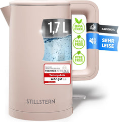 Stillstern Waterkoker met roestvrijstalen filter, PFAS- en PTFE-vrij, 1,7 l - 2200 W, waterkoker met precisie-uitloop en anti-vingerafdrukcoating, snel opwarmen, theekoker camping, matte afwerking, beige