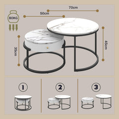 Amveya Salontafel rond met opbergruimte, salontafel set van 2, bijzettafels voor woonkamer, woonkamer tafel in marmerlook, Zwart