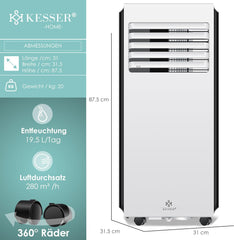 KESSER® Mobiele airconditioning, 4-in-1, koelen, luchtontvochtiger, ventilator, 7000 BTU/h, 780 W, mobiel klimaat met montagemateriaal, afstandsbediening en timer, nachtmodus en 360° wielen