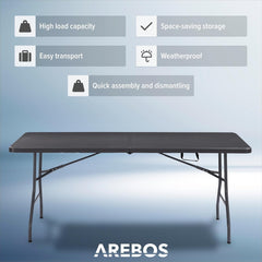 Arebos Klaptafel -182 x 74 x 74 cm - in Rotan-Look - Campingtafel - Tuintafel - Inclusief Draaggreep Antraciet
